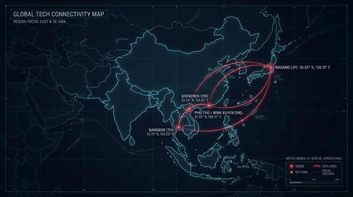 Global Network map highlighting locations in Japan, Vietnam, Thailand, and China for Nagano Tech's manufacturing and supply chain operations.
