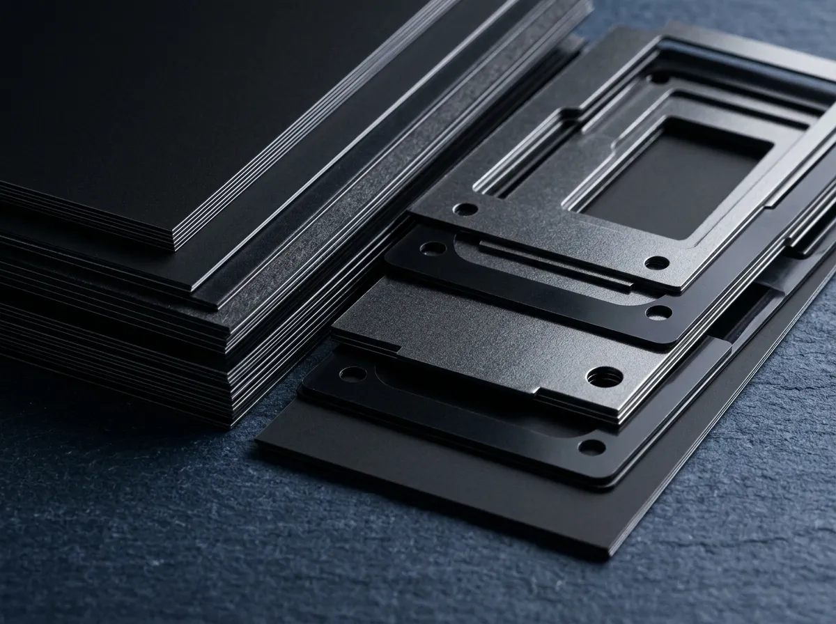 Precision cut dark film materials arranged neatly