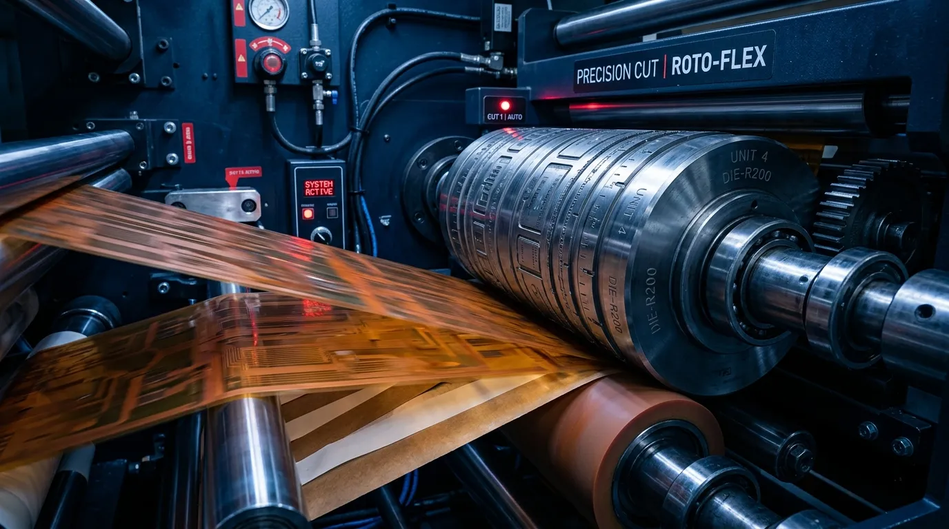 Precision die-cutting machine operating on shiny industrial film